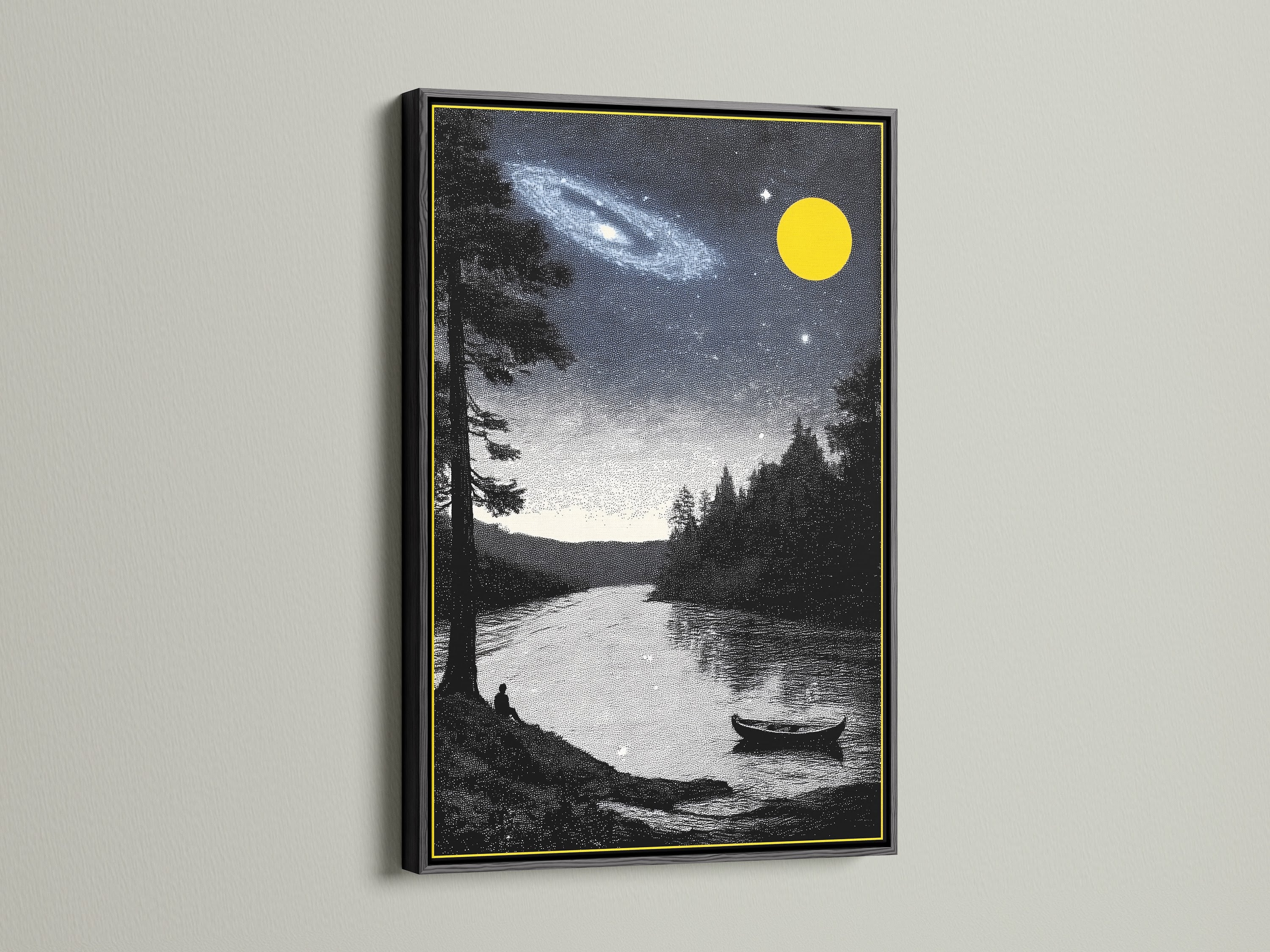 Night Sky Landscape canvas print in a black frame. This galaxy artwork features a lake wall art. The night sky print creates a celestial ambiance. Ideal as living room wall art or office wall art. Modern wall decor.