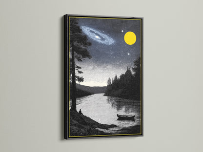 Night Sky Landscape canvas print in a black frame. This galaxy artwork features a lake wall art. The night sky print creates a celestial ambiance. Ideal as living room wall art or office wall art. Modern wall decor.