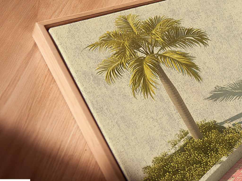 Close-up angled view of a canvas print in a floating frame. The floating frame gives the illusion that the canvas is floating. This unique framing style adds a modern touch. The artwork is displayed beautifully. Discover the beauty of floating frames.