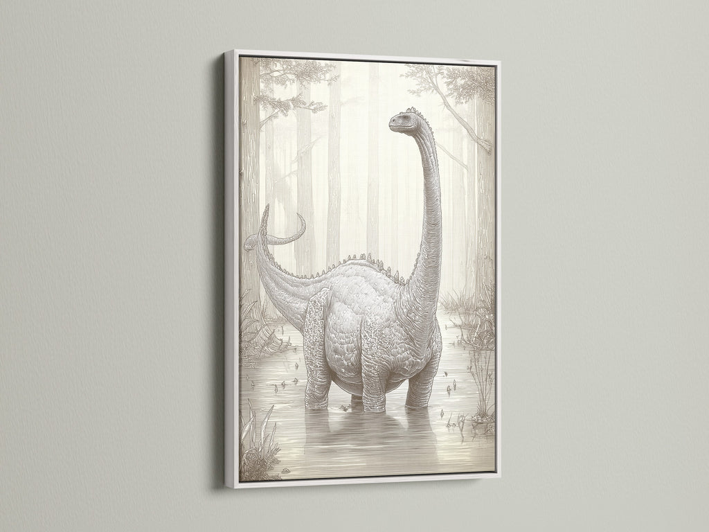 A white frame surrounds the dinosaur artwork. The white frame offers a clean modern look. It makes the artwork pop on the wall. A versatile choice for any home decor style.