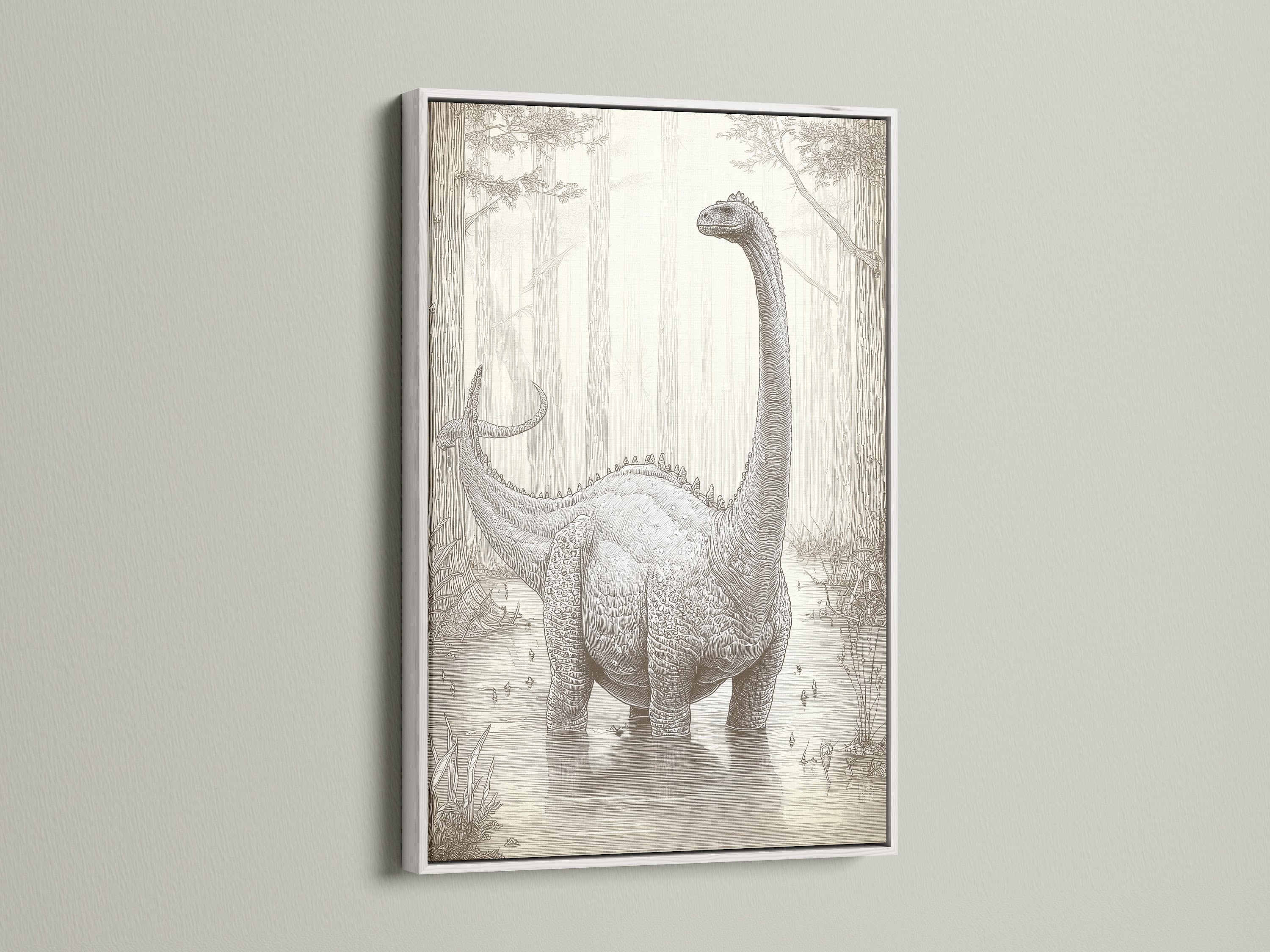 A white frame surrounds the dinosaur artwork. The white frame offers a clean modern look. It makes the artwork pop on the wall. A versatile choice for any home decor style.