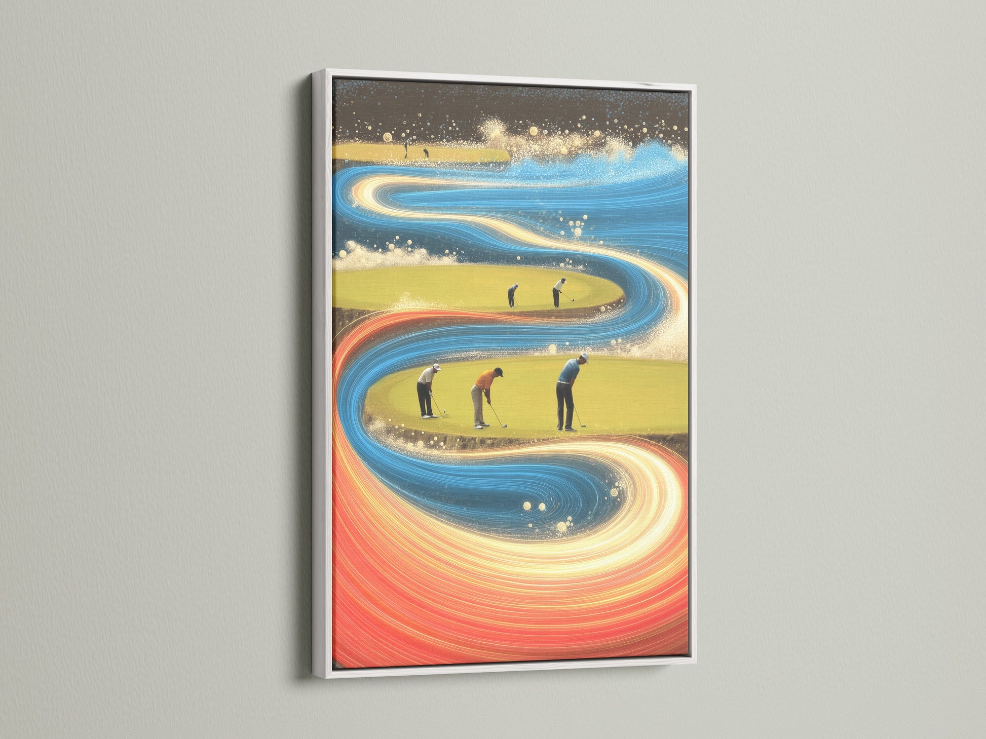 Brighten your home with this golf course artwork in a white frame. This modern golf artwork makes a statement in any room. The abstract sports art is perfect for a man cave or office. This golfer artwork is a great gift.
