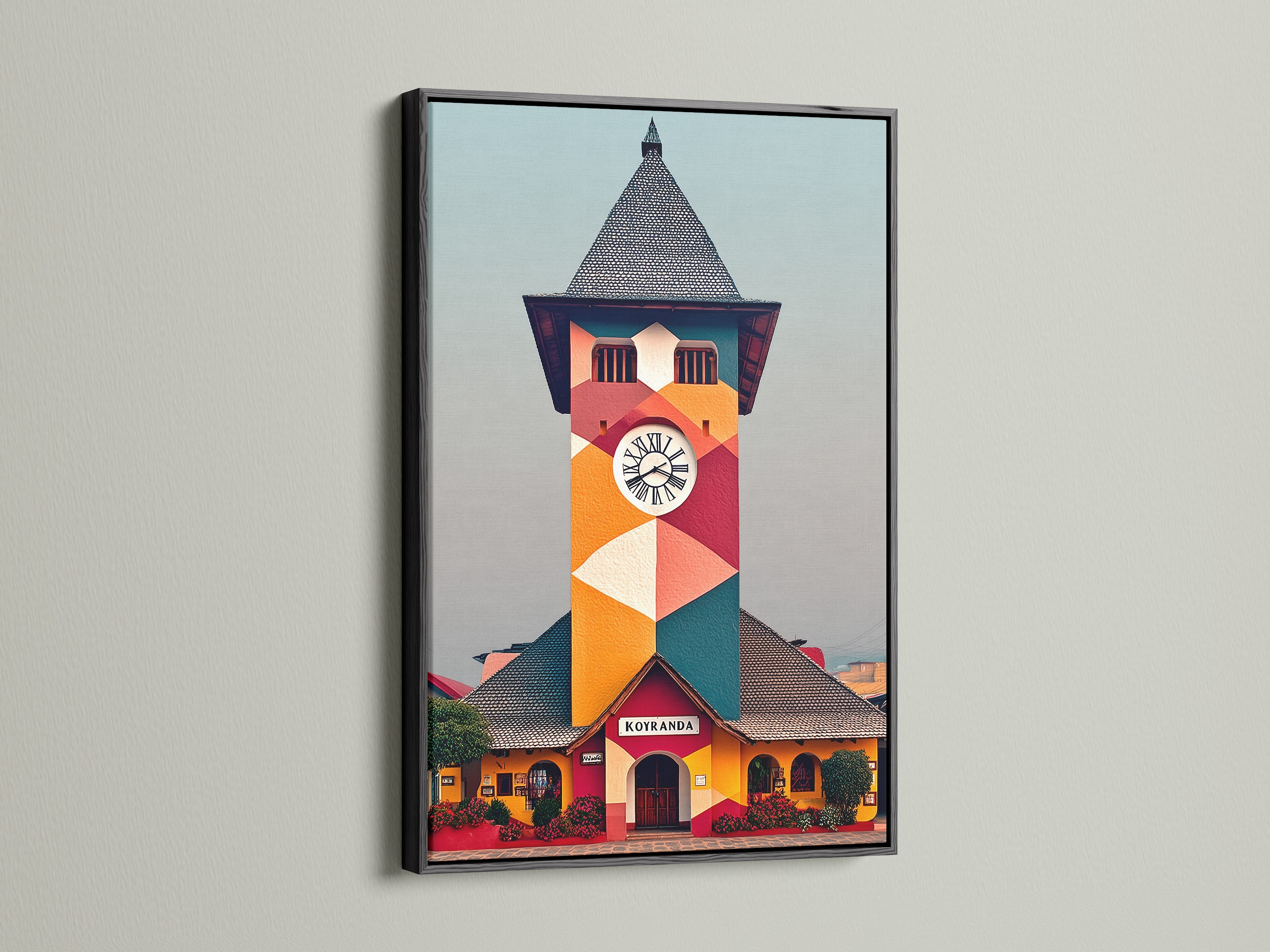 A striking black frame highlights this geometric building wall art. The clock tower canvas print features vivid colors that pop. Add a touch of retro style with this architecture art. A perfect piece of office wall decor to enhance your workspace.