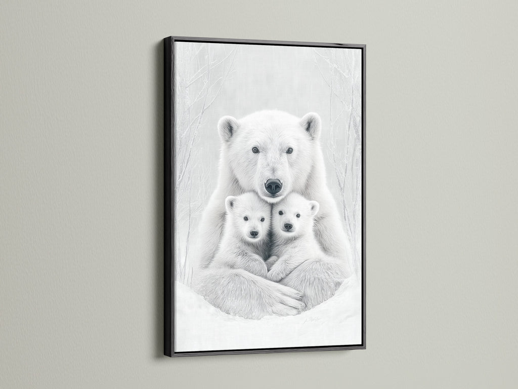 The black frame highlights a monochrome polar bear family art print. Its sleek modern look is perfect for contemporary spaces. This animal canvas art is ideal for wildlife nursery or bear wall art.