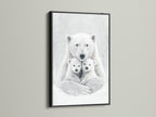The black frame highlights a monochrome polar bear family art print. Its sleek modern look is perfect for contemporary spaces. This animal canvas art is ideal for wildlife nursery or bear wall art.