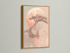 Zen Tree art print with a gold frame. The coral pink meditation canvas adds elegance to any room. Enhance your bedroom decor with this peaceful artwork. It's perfect for creating a spiritual space.