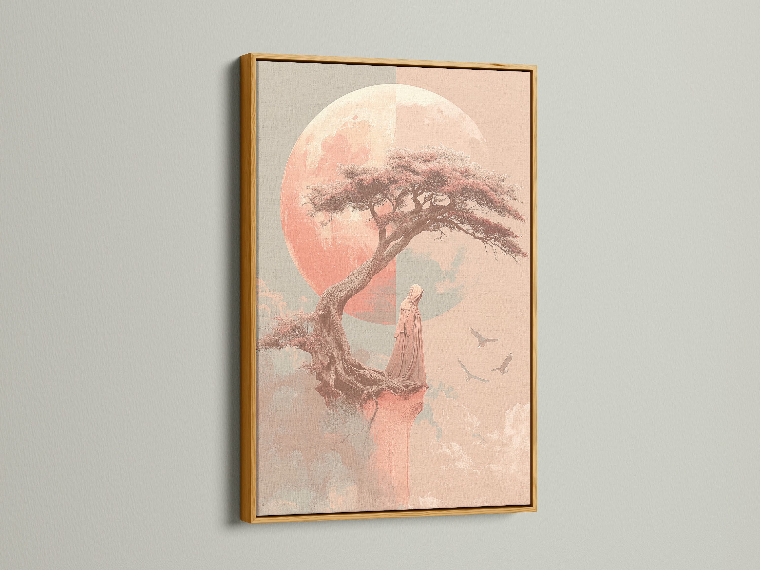 Zen Tree art print with a gold frame. The coral pink meditation canvas adds elegance to any room. Enhance your bedroom decor with this peaceful artwork. It's perfect for creating a spiritual space.