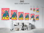 Size comparison chart in an interior setting. See how the bull artwork fits in your space. The colorful animal poster is a pop art print. Various sizes are available to match your decor. Transform your home today.