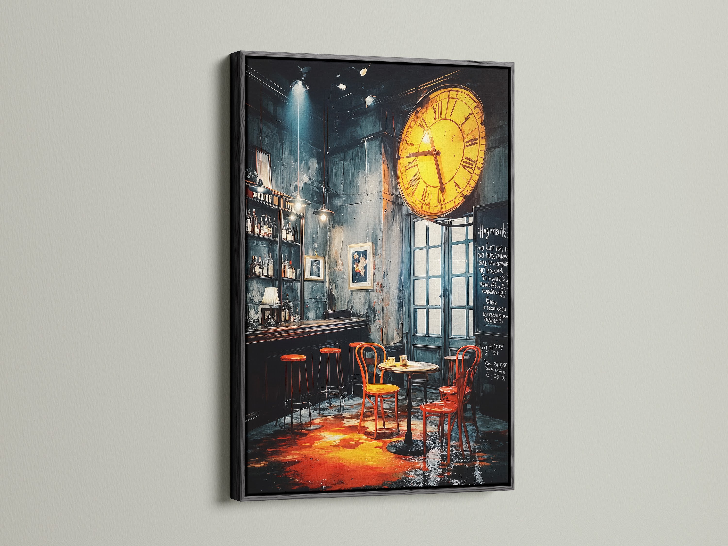 Vintage Bar Canvas Print showcased in a black frame. The dark frame makes the art stand out. The moody artwork features orange and teal tones. It is perfect for a pub or cocktail lounge setting.