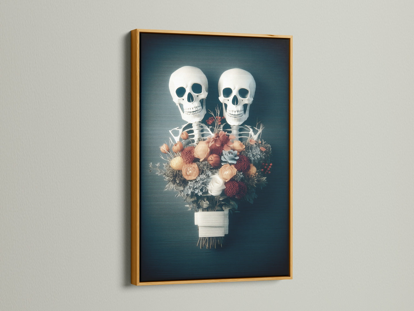 Floral skeleton artwork displayed in a gold frame. The gold frame adds a touch of elegance to this gothic macabre piece. It is perfect for Halloween decor or a dark academia setting. The artwork features a spooky yet beautiful floral skull. It is ideal for those who appreciate unique and bold artwork.
