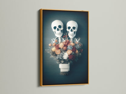 Floral skeleton artwork displayed in a gold frame. The gold frame adds a touch of elegance to this gothic macabre piece. It is perfect for Halloween decor or a dark academia setting. The artwork features a spooky yet beautiful floral skull. It is ideal for those who appreciate unique and bold artwork.