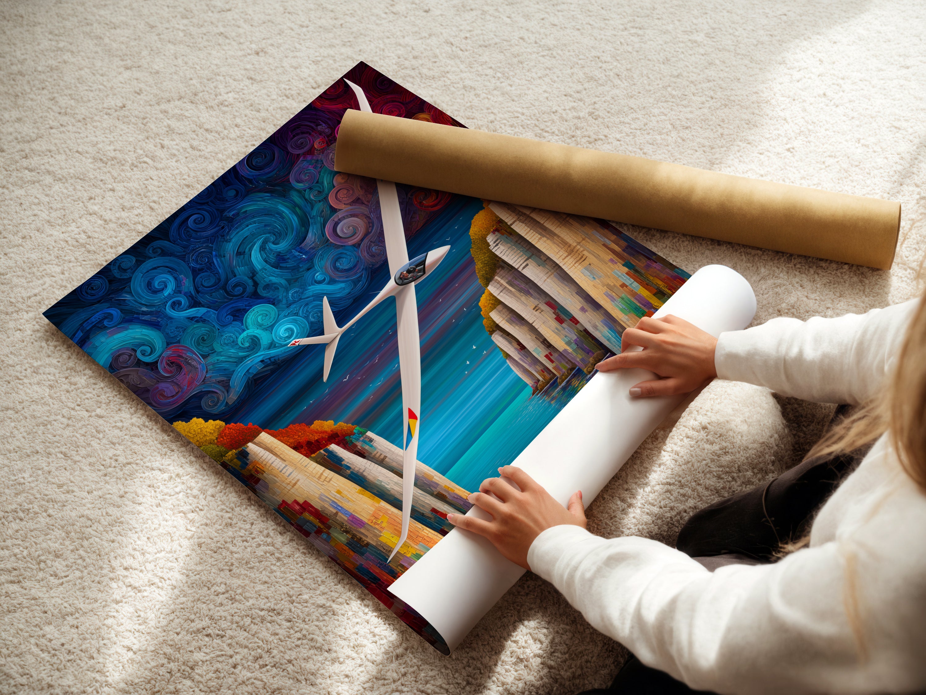 A woman is carefully rolling a fine art poster paper featuring a sailplane. The aviation artwork presents a colorful cliff landscape. This poster is ideal for aviation enthusiasts and modern decor