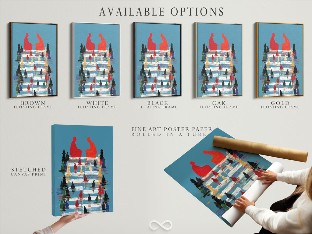 Available options include a stretched canvas print fine art poster paper and floating frame. Choose the perfect medium for your abstract chess artwork. Customize your decor to fit your style.