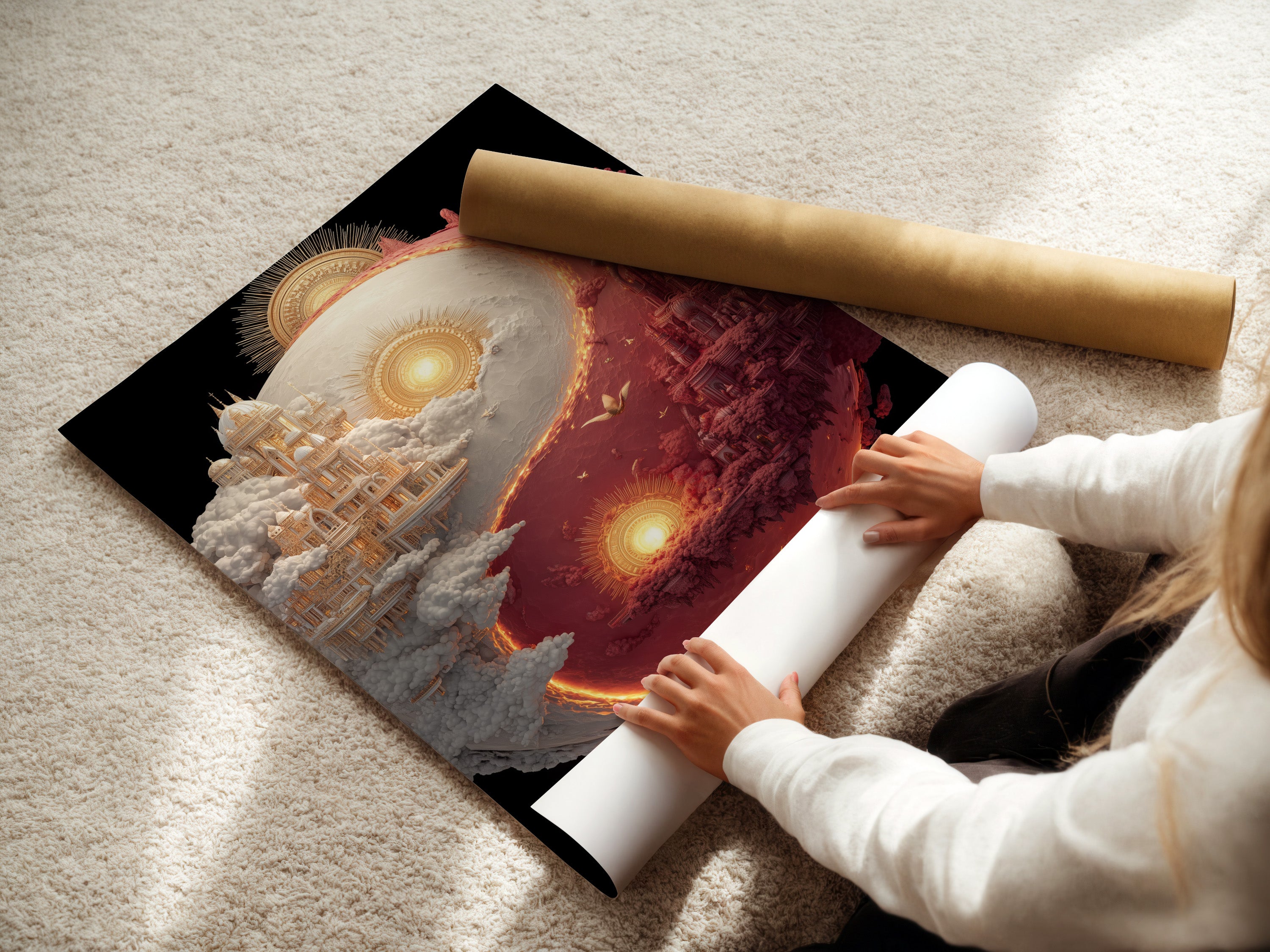 A woman is carefully rolling a fine art poster paper. The paper is high-quality and perfect for art prints. Protect your art during shipping. High-quality art paper ensures vibrant colors and longevity.