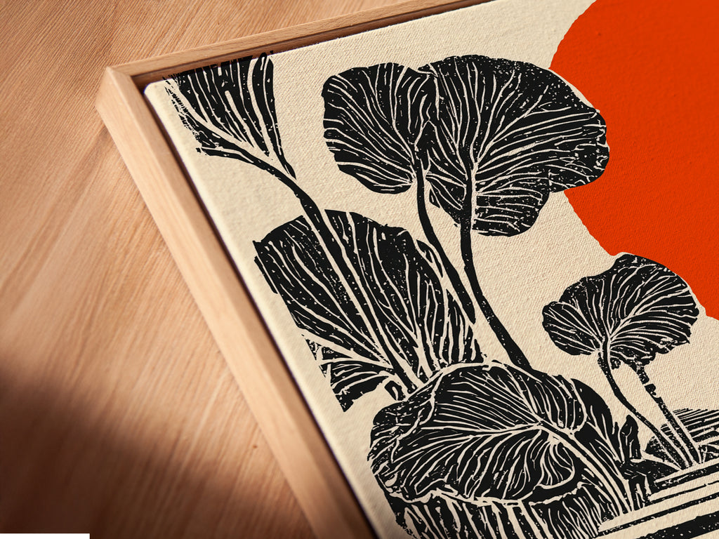 A close-up angle of a Botanical Steps canvas print in a floating frame. This contemporary art piece features an orange sun and geometric steps. Ideal for modern wall art in living rooms studios or offices. The floating frame enhances the artwork's minimalist aesthetic.