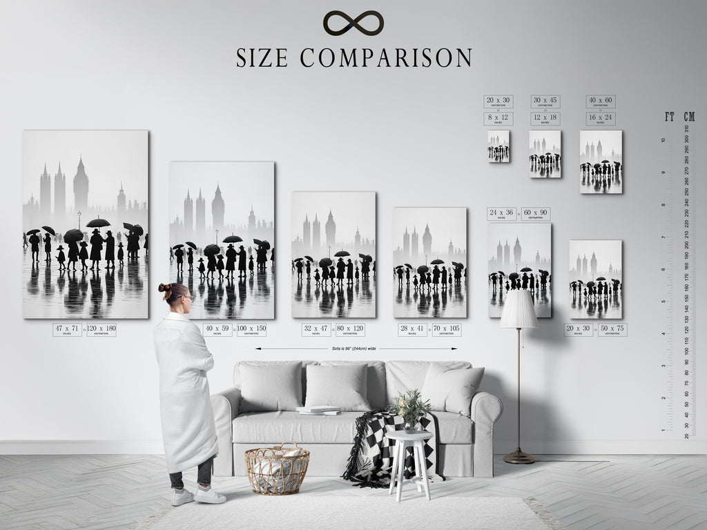 Compare sizes with our helpful chart in an interior setting. Find the perfect fit for your London canvas print. Visualize how our black and white cityscape art will look. Choose the right dimensions for your office wall art. Make an informed decision for your minimalist decor.