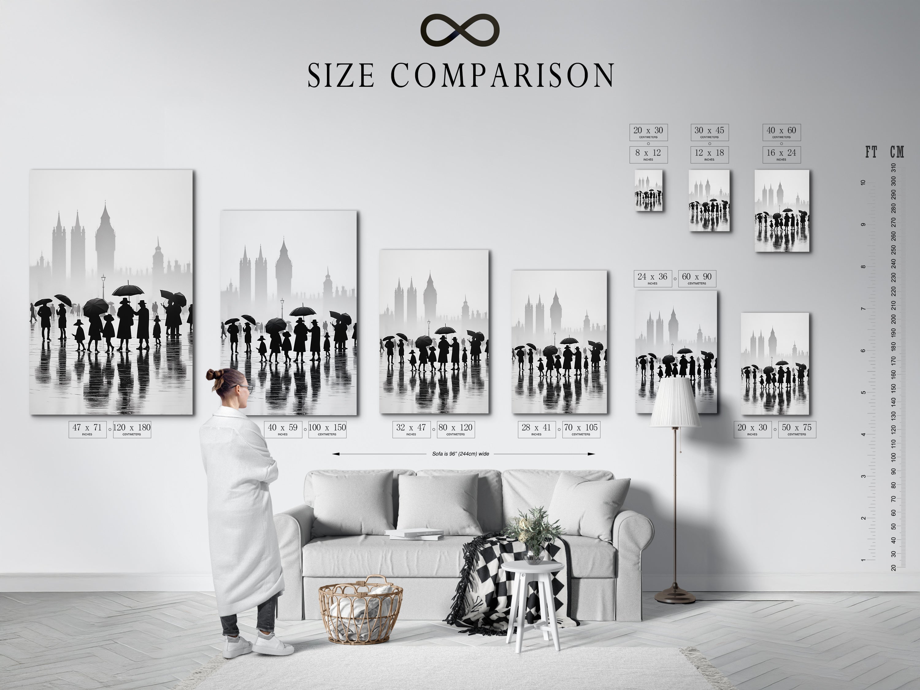 Compare sizes with our helpful chart in an interior setting. Find the perfect fit for your London canvas print. Visualize how our black and white cityscape art will look. Choose the right dimensions for your office wall art. Make an informed decision for your minimalist decor.