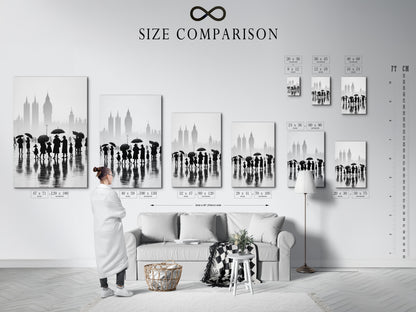 Compare sizes with our helpful chart in an interior setting. Find the perfect fit for your London canvas print. Visualize how our black and white cityscape art will look. Choose the right dimensions for your office wall art. Make an informed decision for your minimalist decor.