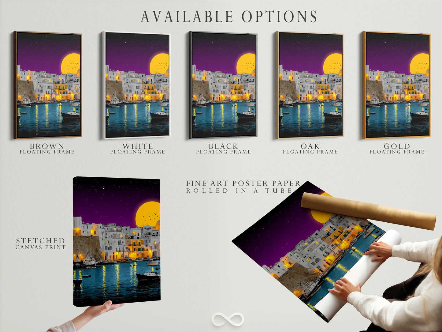 Explore available options for the coastal village artwork. Choose from a stretched canvas print fine art poster paper or floating frame. Find the perfect medium to showcase this Mediterranean harbor scene. It is ideal for adding a touch of coastal scenery.