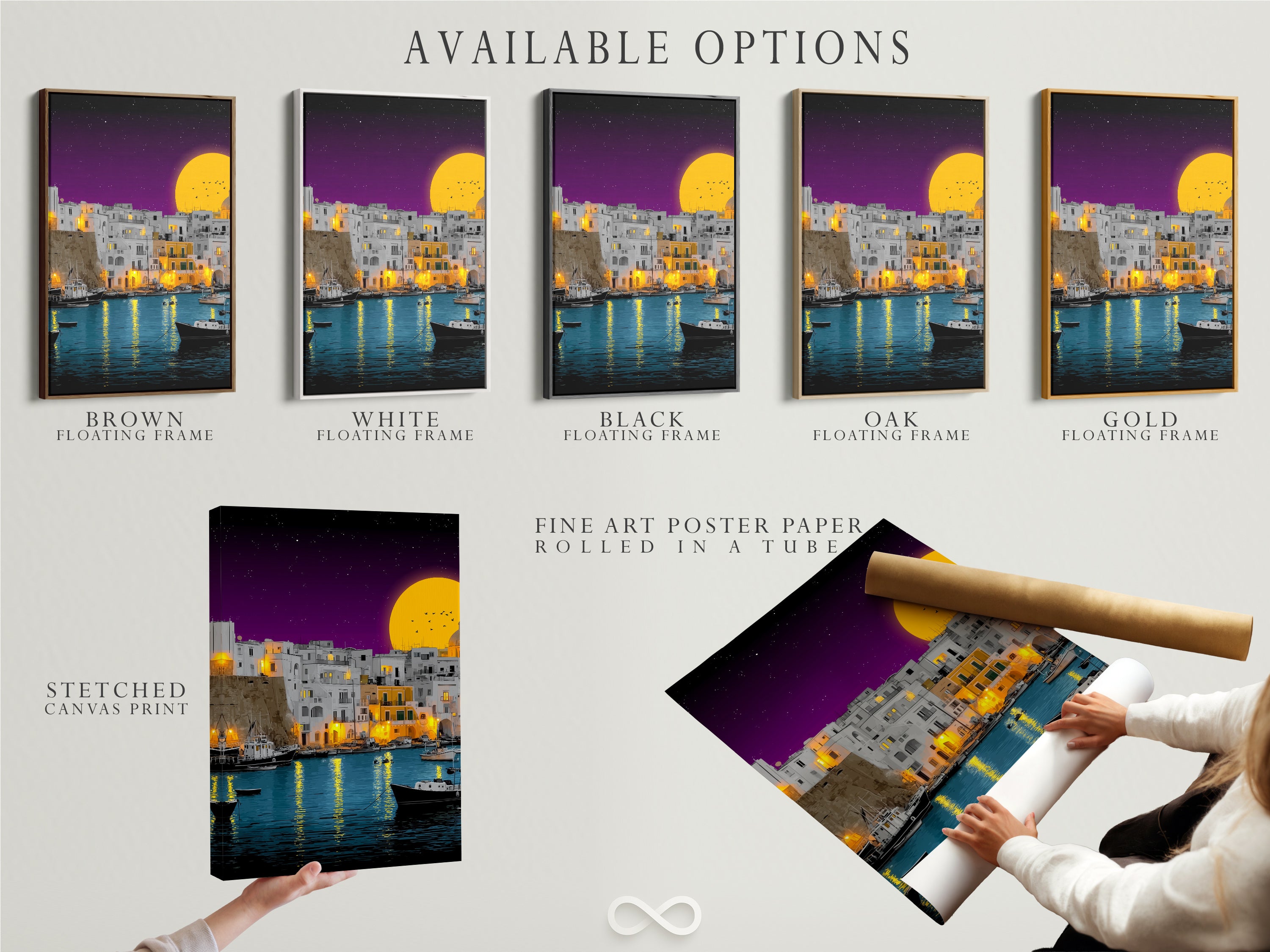 Explore available options for the coastal village artwork. Choose from a stretched canvas print fine art poster paper or floating frame. Find the perfect medium to showcase this Mediterranean harbor scene. It is ideal for adding a touch of coastal scenery.