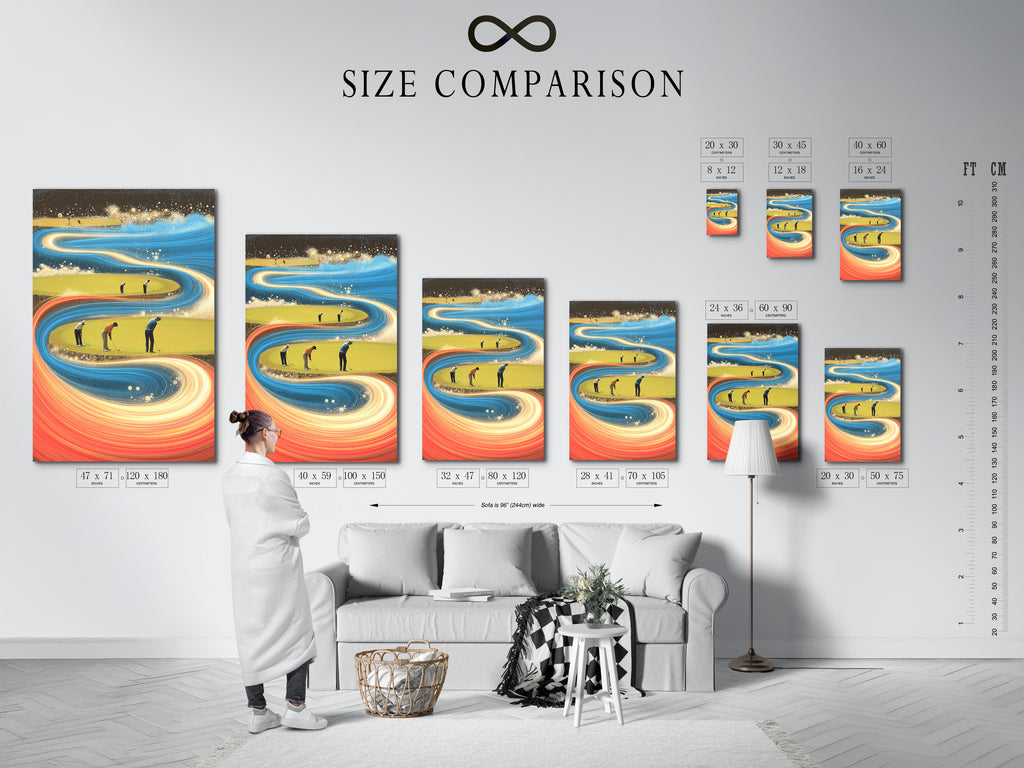 Size comparison chart of the golf course artwork. Choose the perfect size for your space. This sports canvas print is available in various sizes. The man cave decor will add a touch of elegance to any space. Shop now.