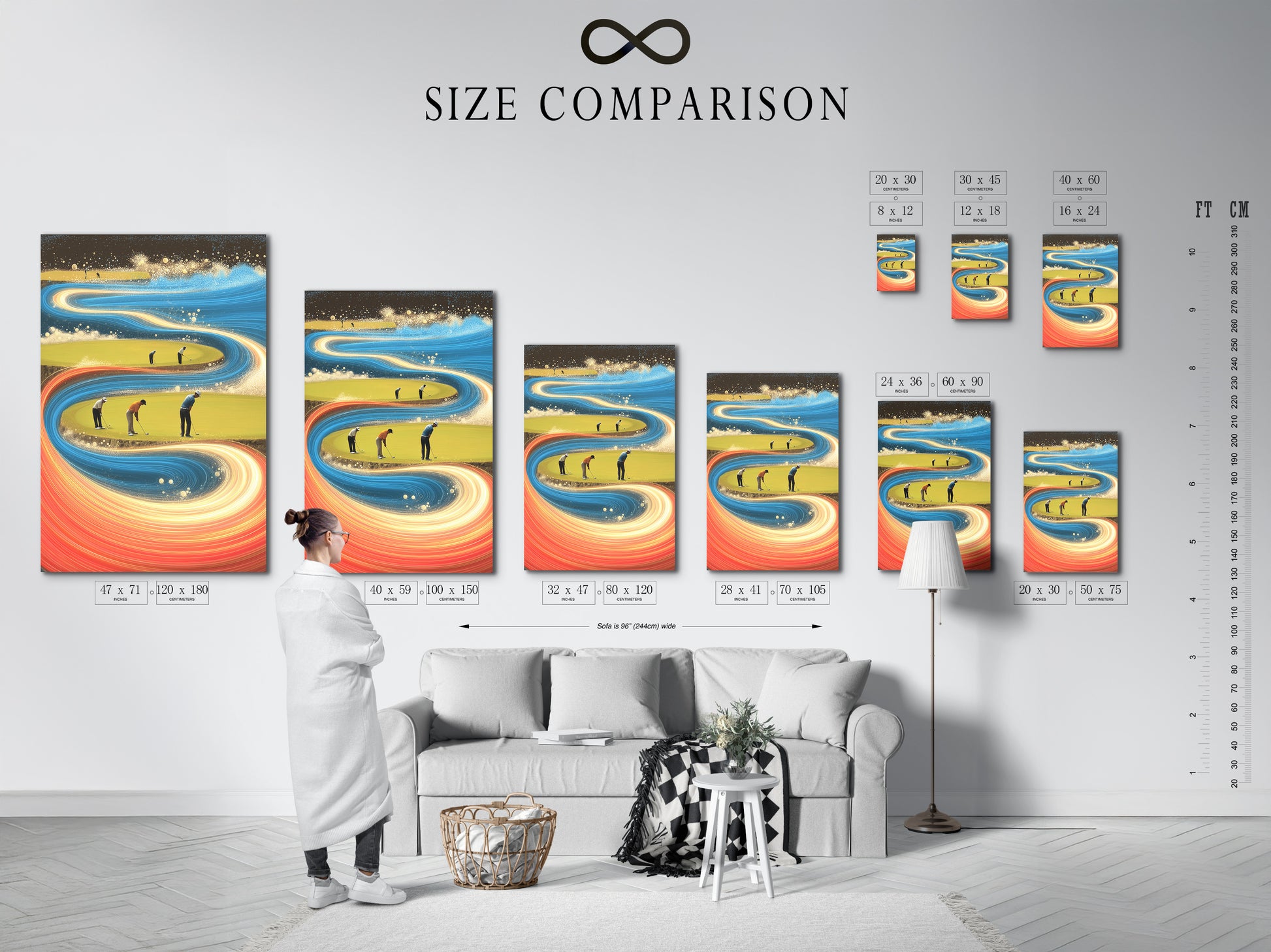 Size comparison chart of the golf course artwork. Choose the perfect size for your space. This sports canvas print is available in various sizes. The man cave decor will add a touch of elegance to any space. Shop now.