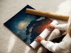 A woman carefully rolling a fine art poster paper version of the Swirling Sky artwork. The art features a Van Gogh style cityscape with dramatic clouds. This poster paper option makes the artwork accessible. Ideal for homeowners renters and art lovers. It is easy to frame and display.