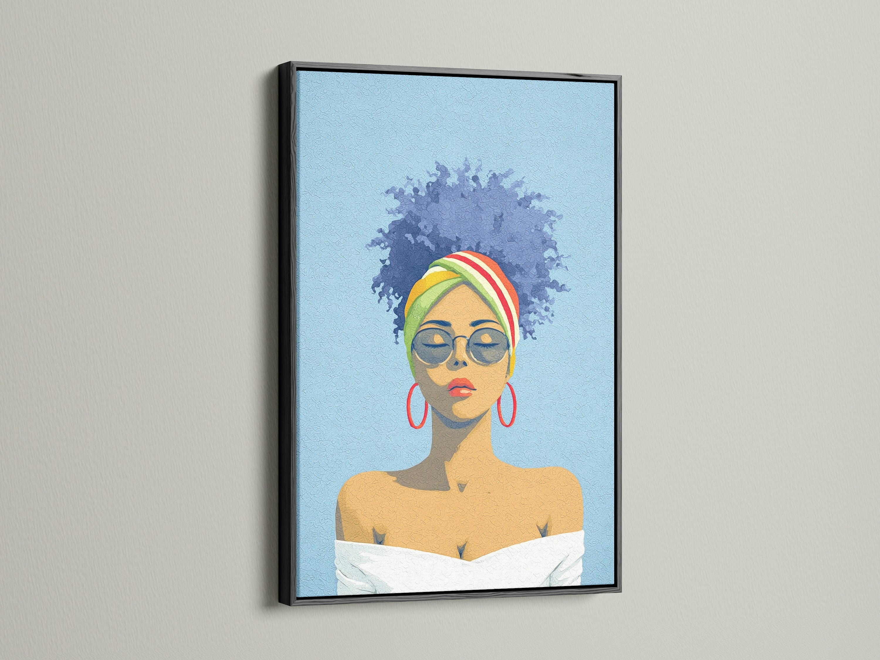Afro Woman Portrait in a black frame displayed on a white wall. This contemporary piece features a woman with blue hair. It will complement any living room or boutique with ethnic wall art.