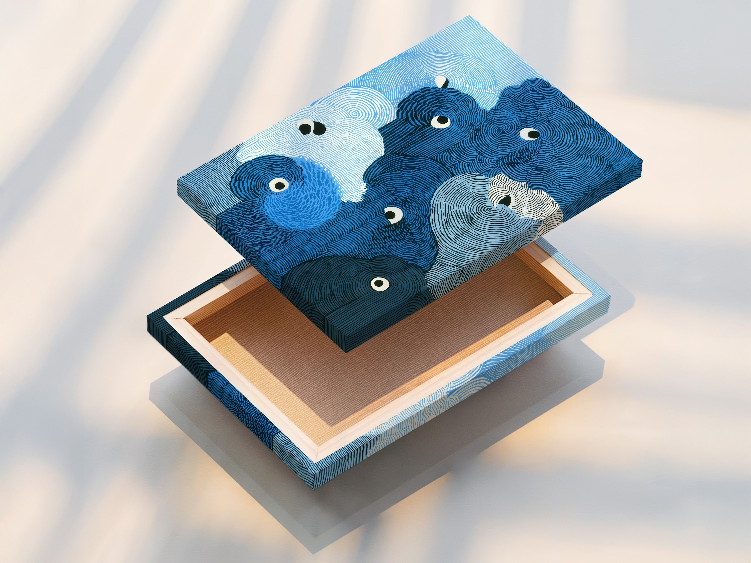 A stretched canvas print displays the abstract wave artwork. The blue ocean print wraps around the frame. The modern swirl art is ready to hang. This offers a clean and contemporary look. This canvas is perfect for adding a splash of color. Enhance any living space.