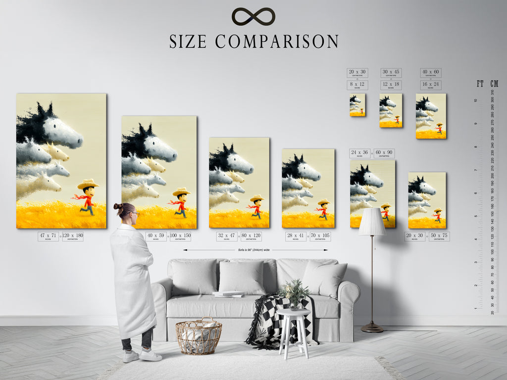 This artwork is a size comparison chart in an interior. The chart shows the different sizes available. See how each size fits in a room. Find the perfect size for your space.
