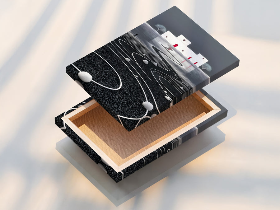 Minimalist surreal landscape with geometric doorways