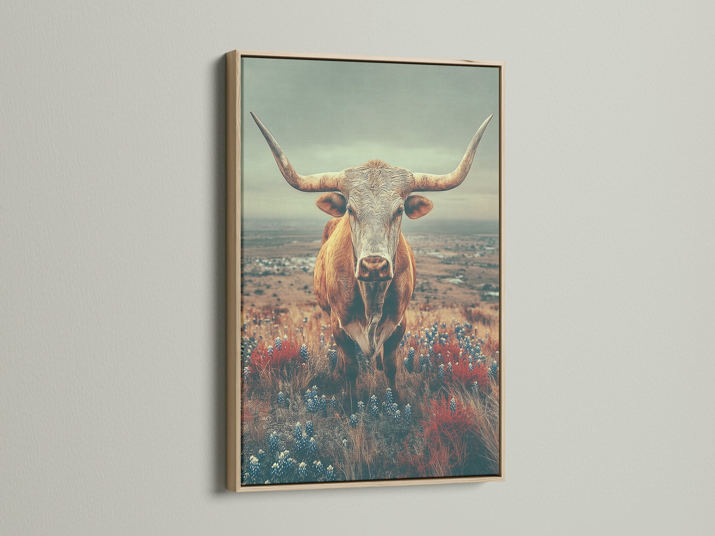 The Highland Cow art is displayed in an oak frame. This farm animal print adds a rustic touch to any room. Consider this country decor for your home. The vintage landscape is both timeless and charming.