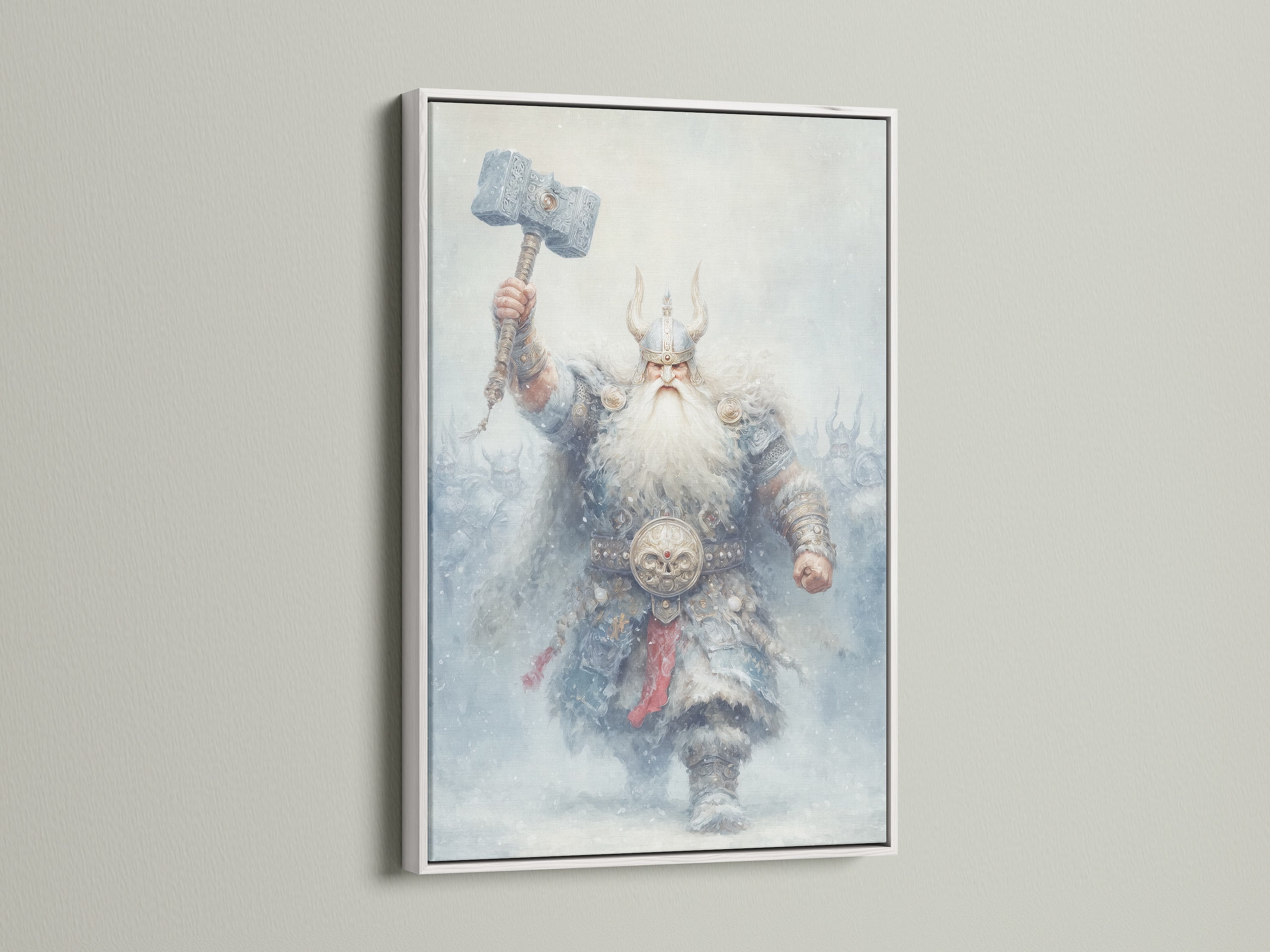 A white framed canvas print featuring a Viking Warrior. This piece showcases Norse Mythology. It's a great choice for fantasy artwork lovers. The white frame complements industrial and rustic styled spaces. This artwork is perfect for game rooms.