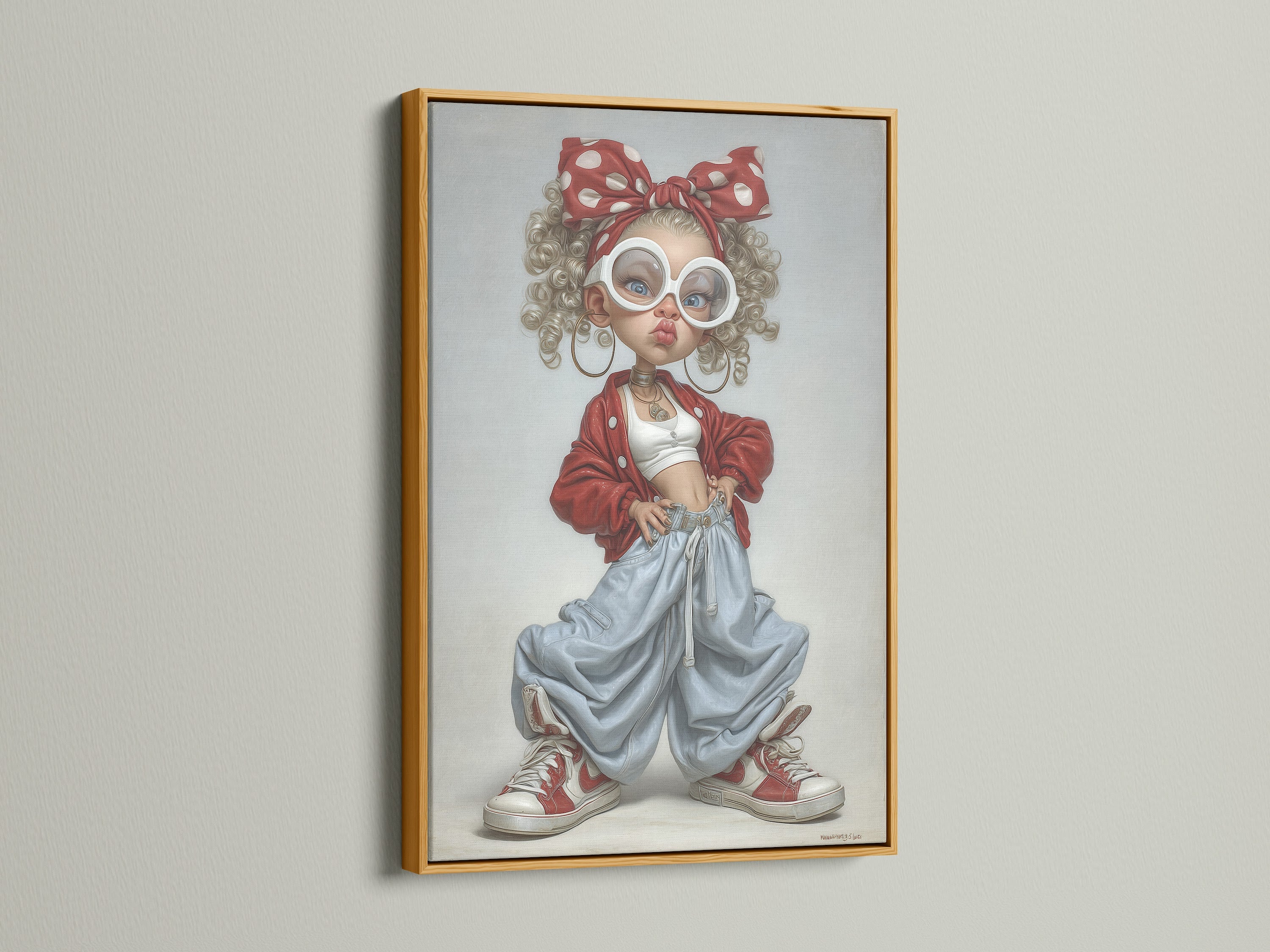 Artwork with a gold frame displayed on a wall. The artwork features a cute girl with unique style. The gold frame adds a touch of elegance. It enhances the artwork's luxurious feel. Perfect for adding a bit of artwork to your home.