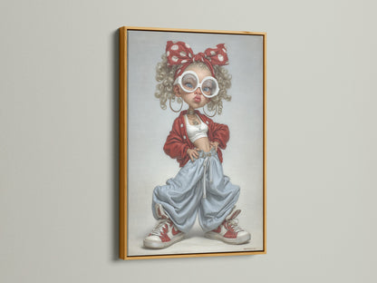 Artwork with a gold frame displayed on a wall. The artwork features a cute girl with unique style. The gold frame adds a touch of elegance. It enhances the artwork's luxurious feel. Perfect for adding a bit of artwork to your home.