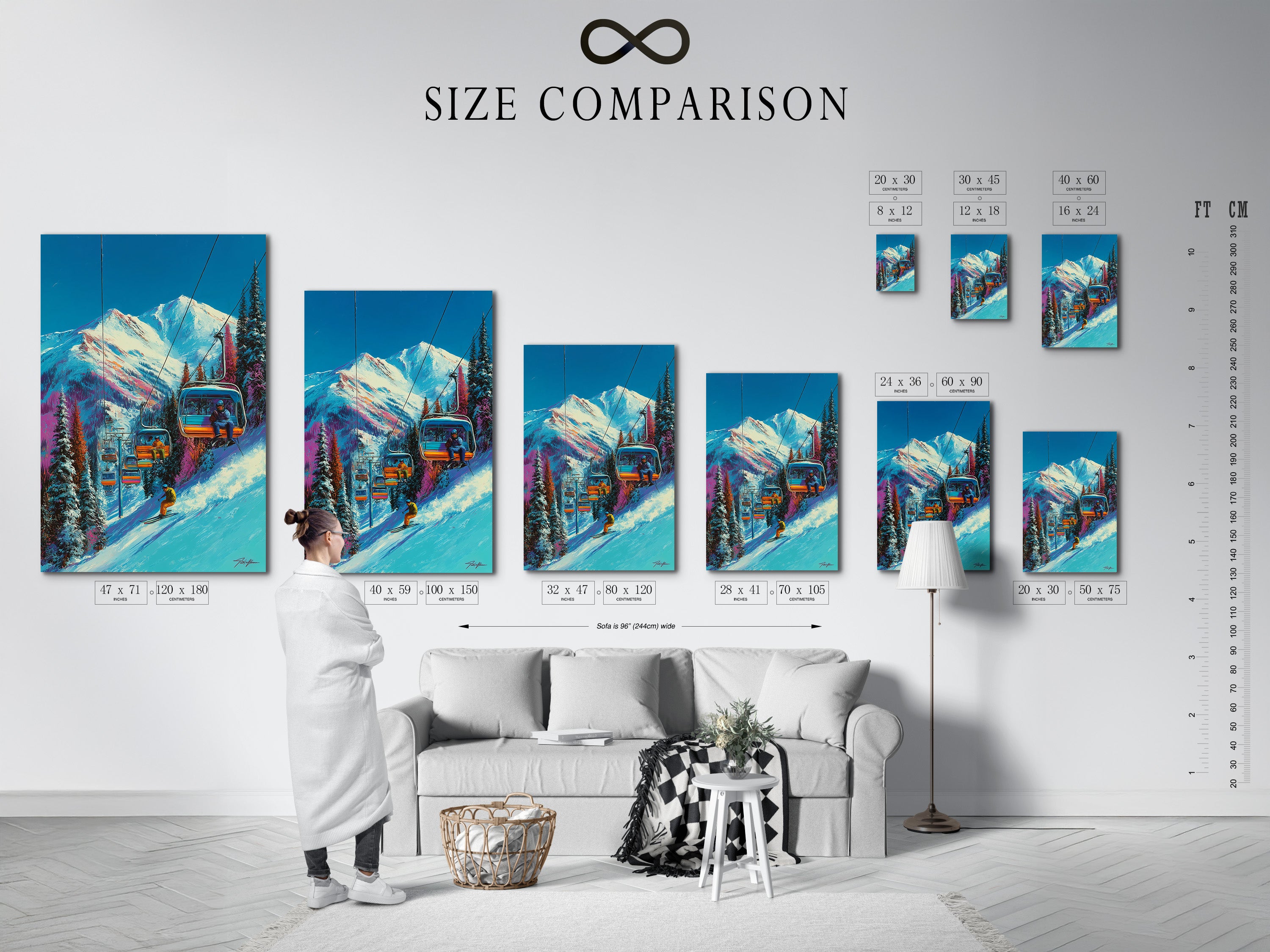 A size comparison chart in an interior setting. This chart shows the Ski Lift canvas print. The print is available in various sizes. Find the perfect fit for your den wall decor. Enhance your space with alpine art.