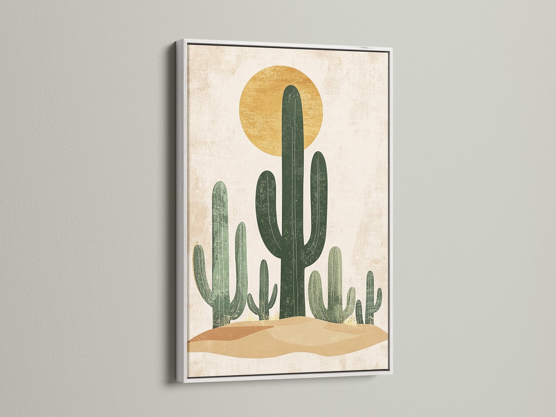 This desert themed artwork is showcased in a white floating frame. The bright white frame enhances the artwork. The clean frame creates a modern look for this cactus art. This frame option is great for minimalist interiors. Purchase this fine art print in a white floating frame today.