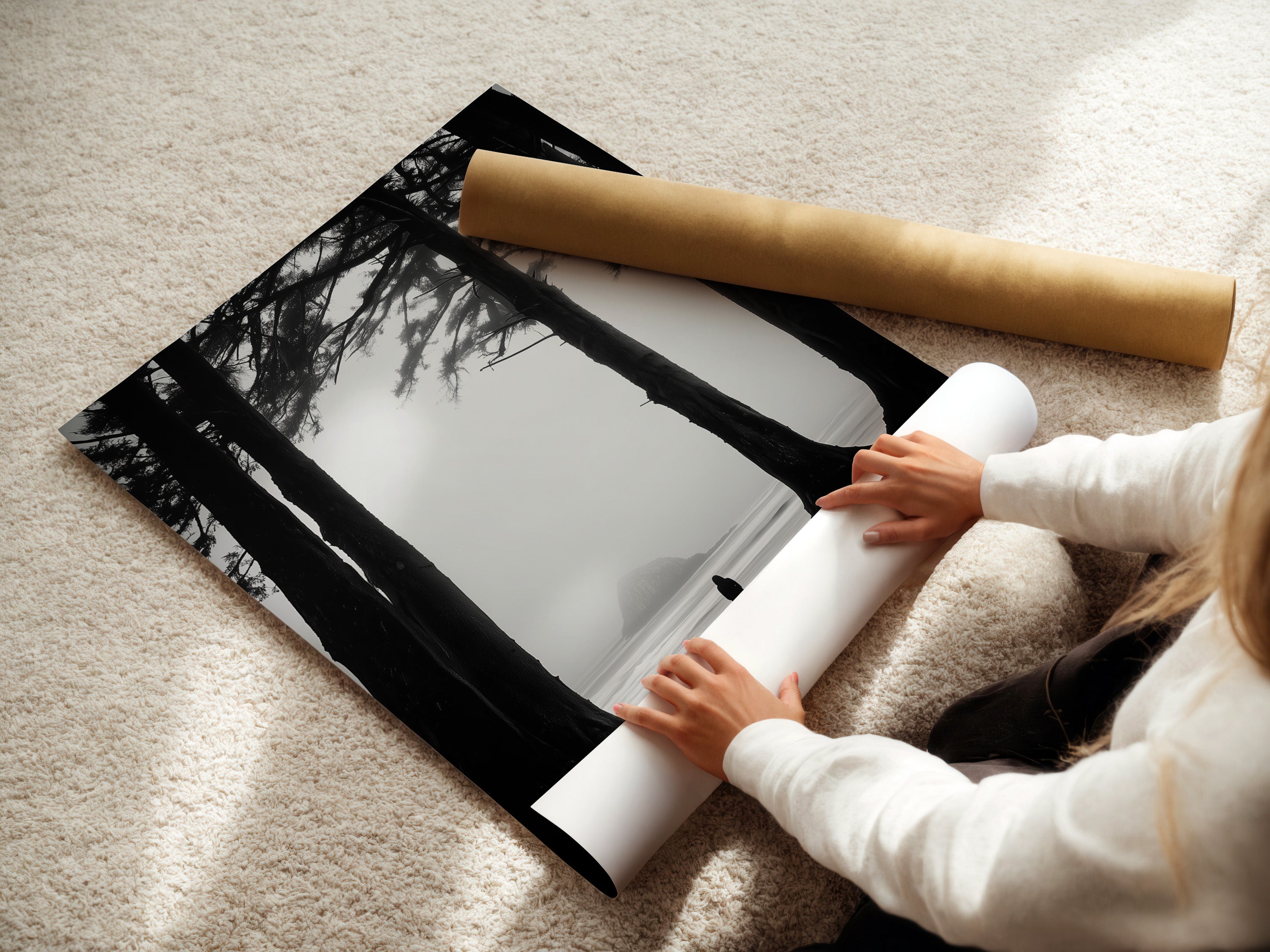 A woman is carefully rolling a fine art poster paper. She is preparing it for framing or display. High-quality poster paper protects the integrity of the artwork. Discover our fine art paper options for your favorite prints.