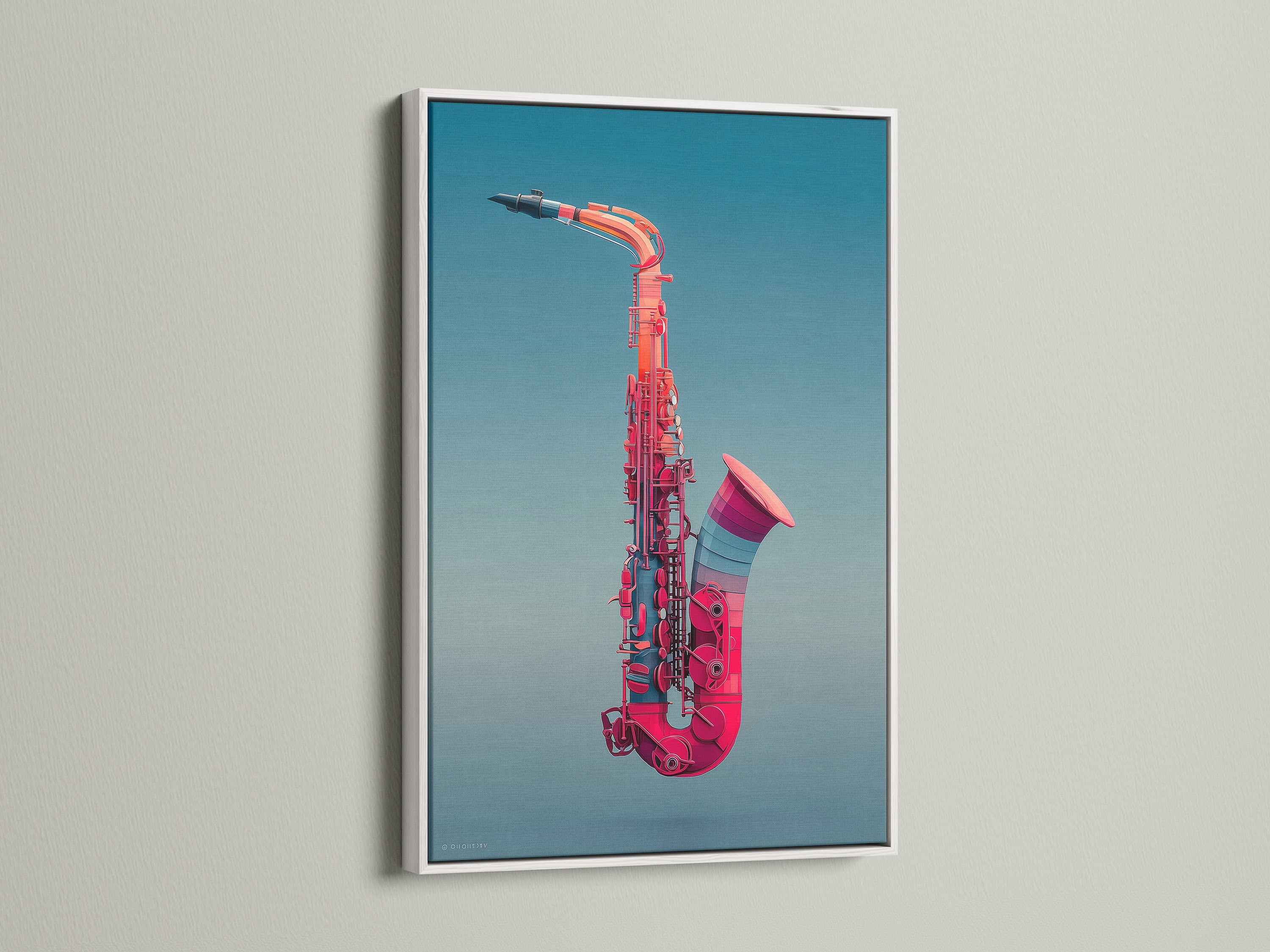 Showcasing a white frame. It elegantly holds a saxophone canvas art piece. The pink Jazz music wall art adds sophistication. A perfect musician gift. This instrument wall art complements any home office art. Add a touch of modern style to your space.