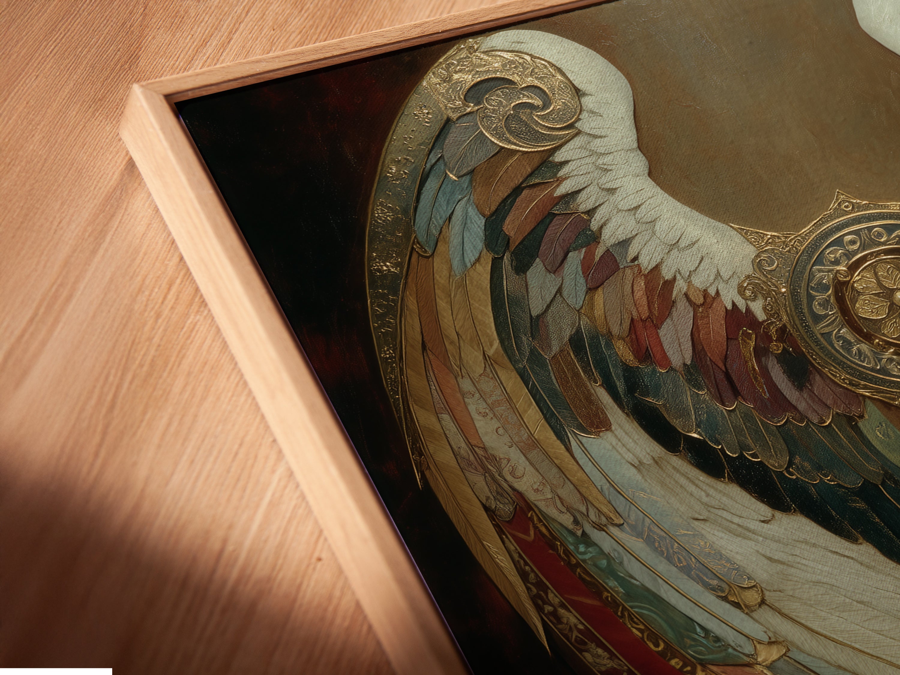 Close-up of an angel wings canvas print in a floating frame. The ornate wings and vintage style enhance gothic home decor. Spiritual artwork perfect for a bedroom. This angelic art elevates dark academia aesthetics. Feathered mythical art adds a unique touch to your living space.