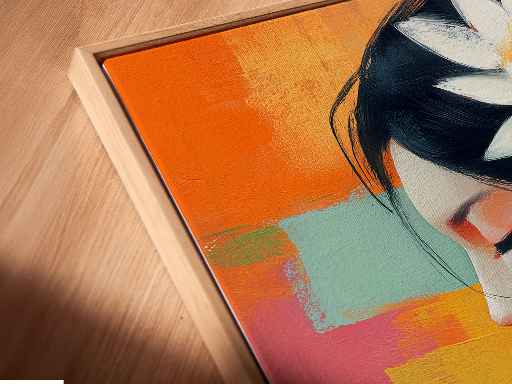 A close-up angled view captures the canvas print within a floating frame. The lotus flower woman artwork exudes modern elegance. The zen wall art is perfect for adding a touch of serenity to your living space. The artwork features a colorful abstract portrait.