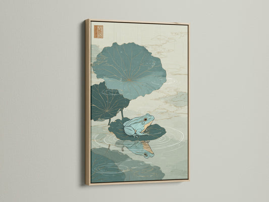 Artwork featuring a green frog sitting on a lily pad in an oak frame. The oak frame enhances the artwork's natural theme. This framed artwork is a stylish addition to your home decor. Discover the beauty of framed art. Elevate your space with this stunning piece.