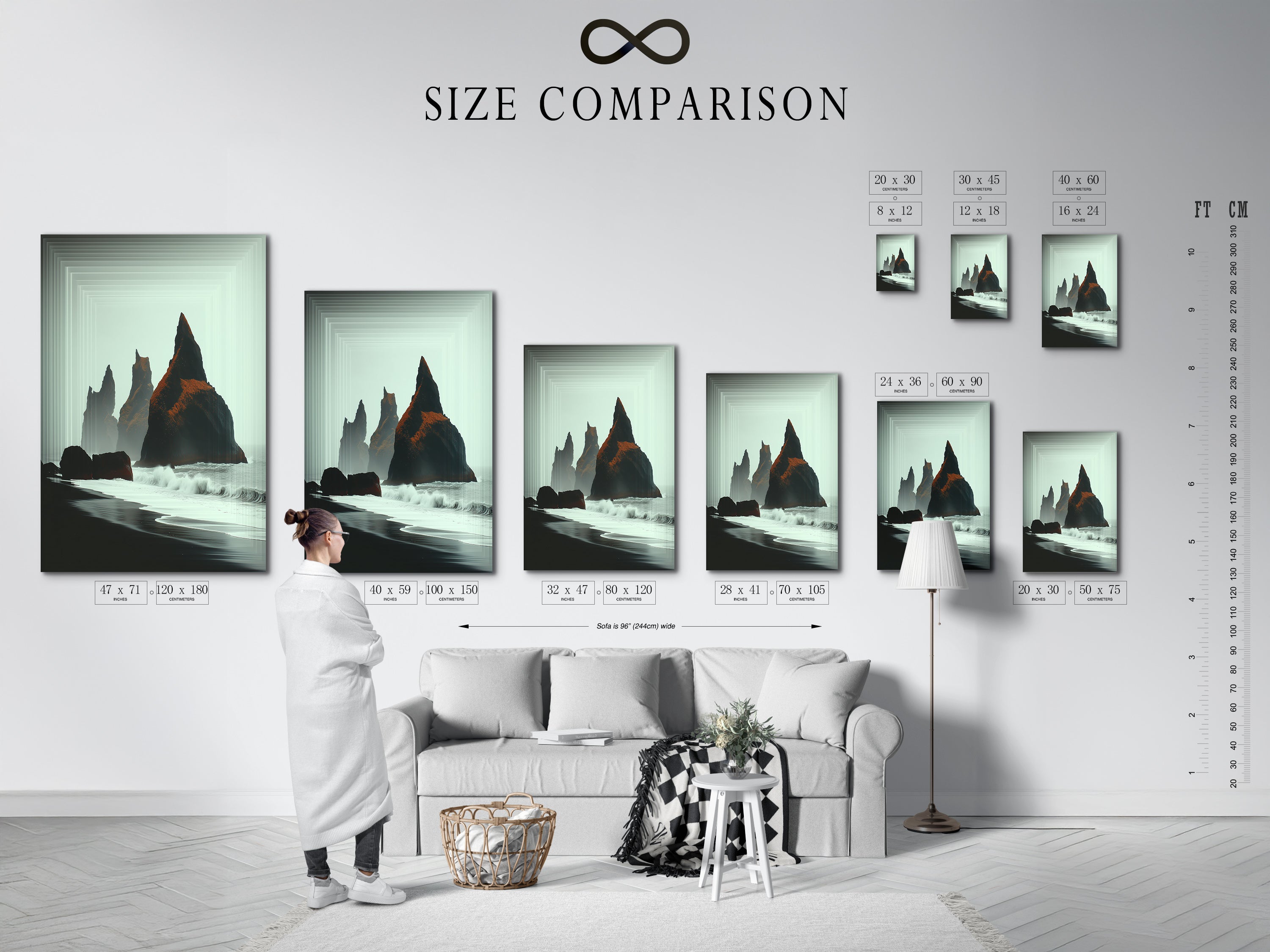 Size comparison chart in interior showcasing Iceland Black Sand Beach artwork. See how this minimalist print fits in your space. Perfect for living room bedroom or office wall art. Transform your home with this coastal art.