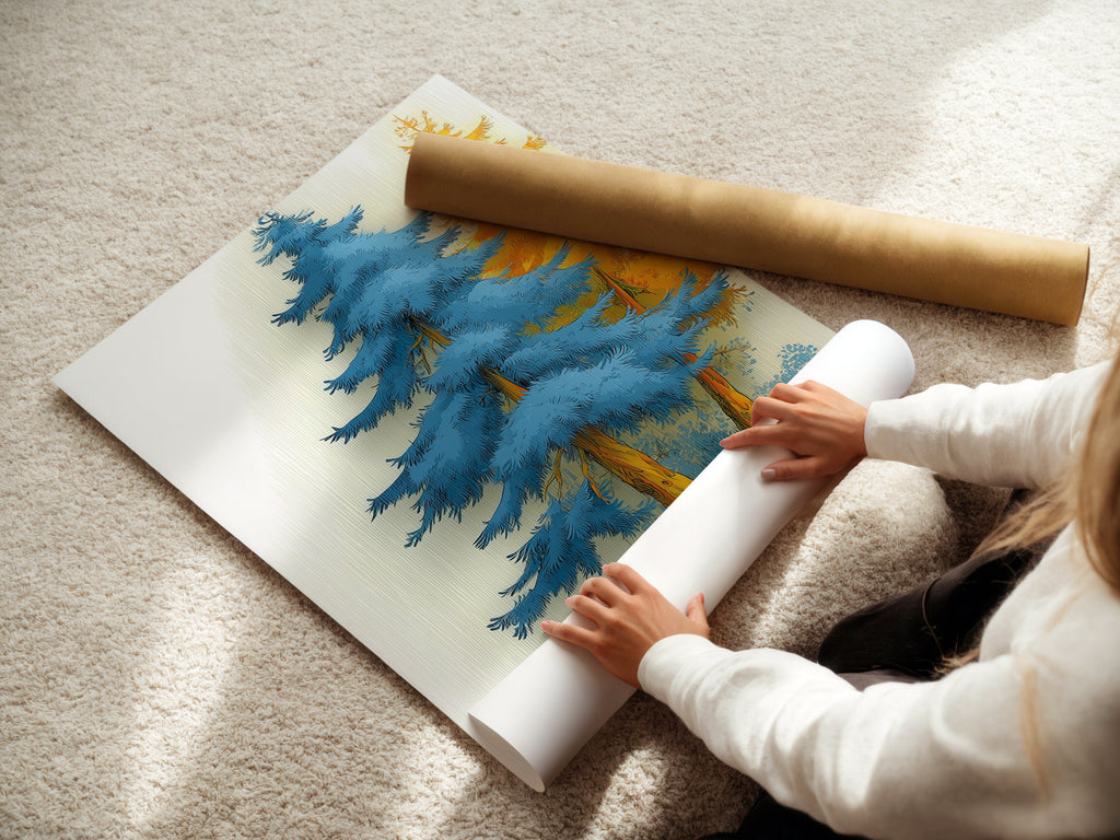 A woman carefully rolls a fine art poster paper. The poster paper is perfect for high-quality art prints. The Blue Forest artwork will look amazing. Fine art paper ensures vibrant colors and details. Ideal for creating custom wall art. This nature print is ready to be framed. Create a unique display with this versatile option. Perfect for art lovers.