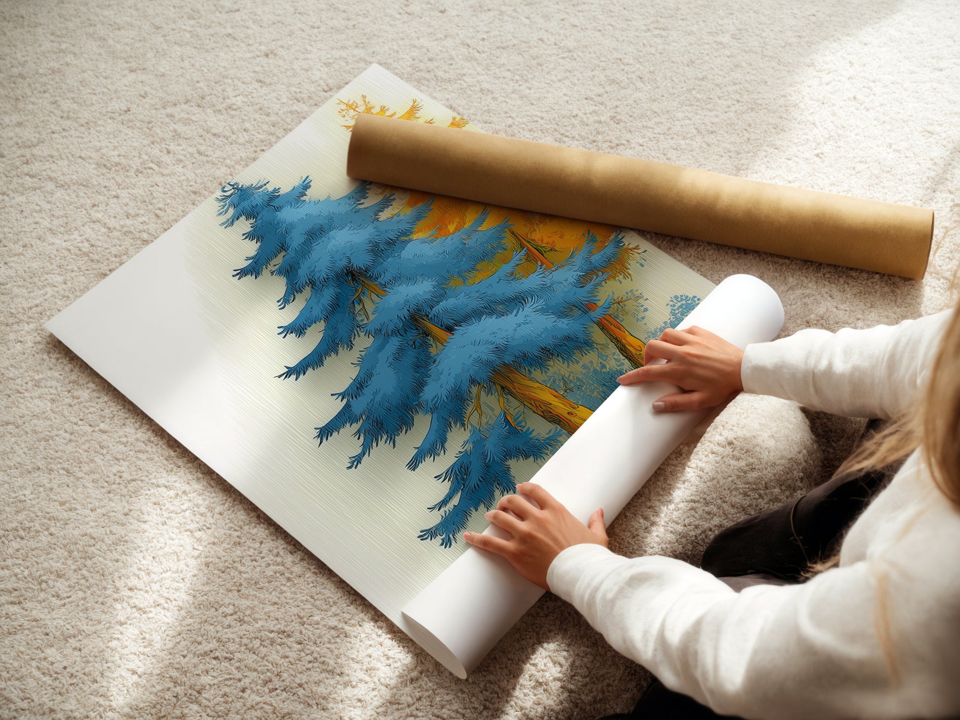 A woman carefully rolls a fine art poster paper. The poster paper is perfect for high-quality art prints. The Blue Forest artwork will look amazing. Fine art paper ensures vibrant colors and details. Ideal for creating custom wall art. This nature print is ready to be framed. Create a unique display with this versatile option. Perfect for art lovers.