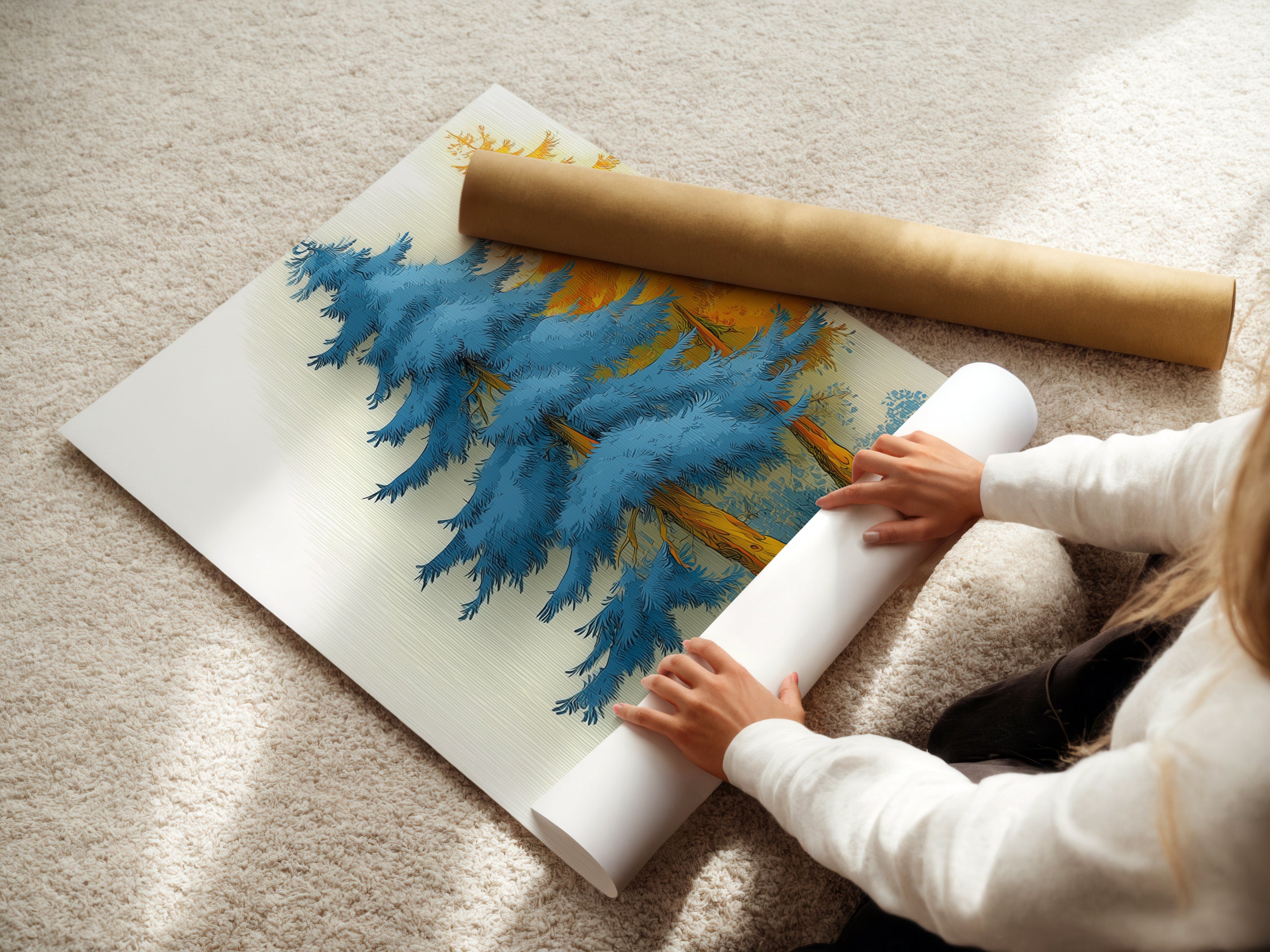 A woman carefully rolls a fine art poster paper. The poster paper is perfect for high-quality art prints. The Blue Forest artwork will look amazing. Fine art paper ensures vibrant colors and details. Ideal for creating custom wall art. This nature print is ready to be framed. Create a unique display with this versatile option. Perfect for art lovers.