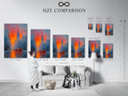 A size comparison chart is displayed in an interior setting. This helps visualize the artwork's dimensions in a real space. Choose the perfect size for your New York City canvas print. Ensure the artwork fits seamlessly into your home or office decor. Plan your wall art easily.