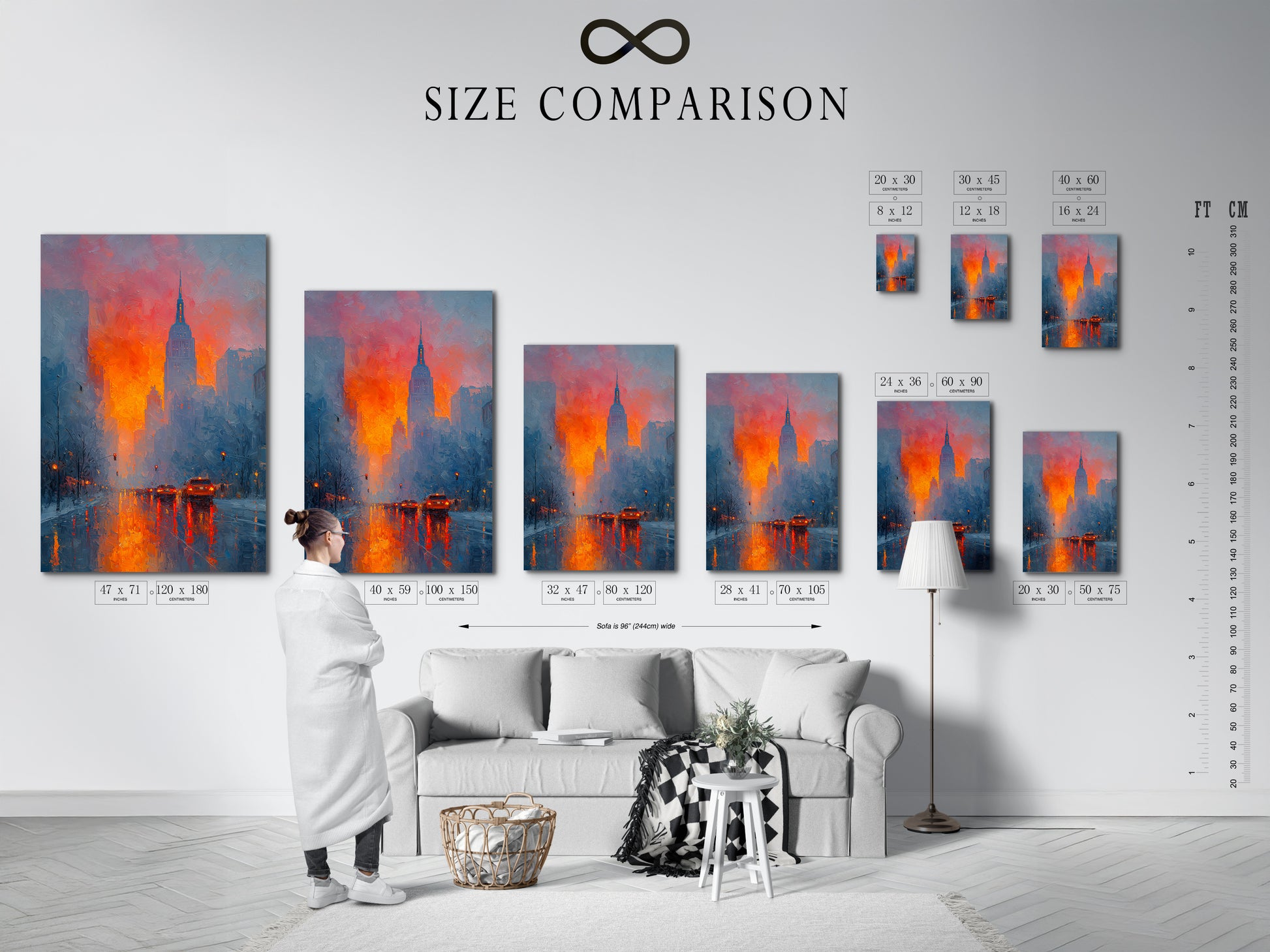 A size comparison chart is displayed in an interior setting. This helps visualize the artwork's dimensions in a real space. Choose the perfect size for your New York City canvas print. Ensure the artwork fits seamlessly into your home or office decor. Plan your wall art easily.