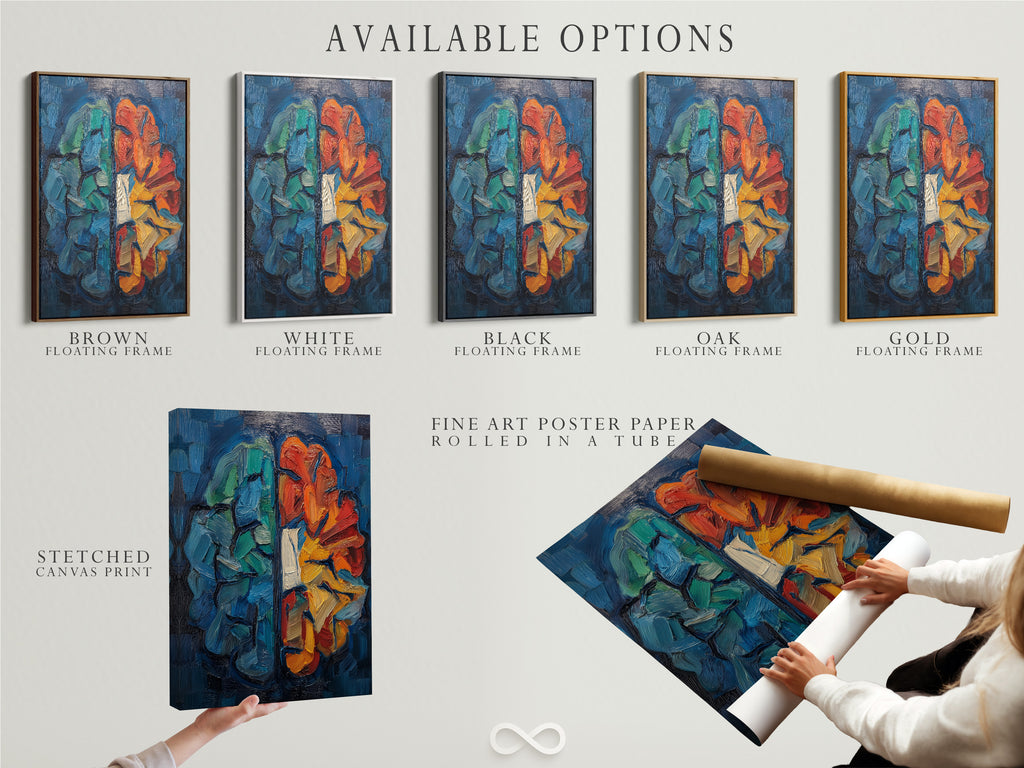 Available options are displayed for the abstract brain artwork. Choose from a stretched canvas print fine art poster paper or floating frame. Customize your art to fit your style. Perfect psychology wall art for any setting. Enhance your space with science-inspired art.