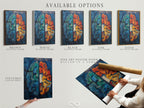 Available options are displayed for the abstract brain artwork. Choose from a stretched canvas print fine art poster paper or floating frame. Customize your art to fit your style. Perfect psychology wall art for any setting. Enhance your space with science-inspired art.